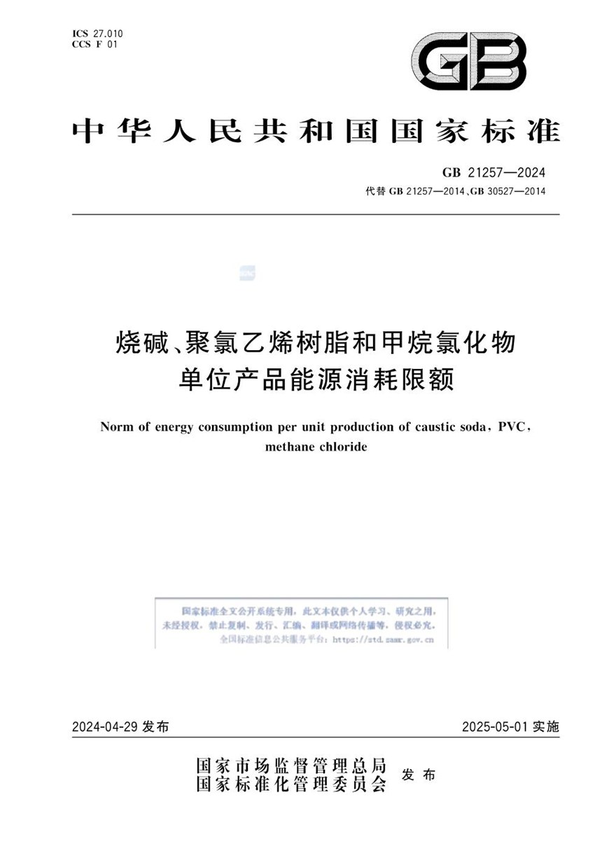 GB 21257-2024 烧碱、聚氯乙烯树脂和甲烷氯化物单位产品能源消耗限额