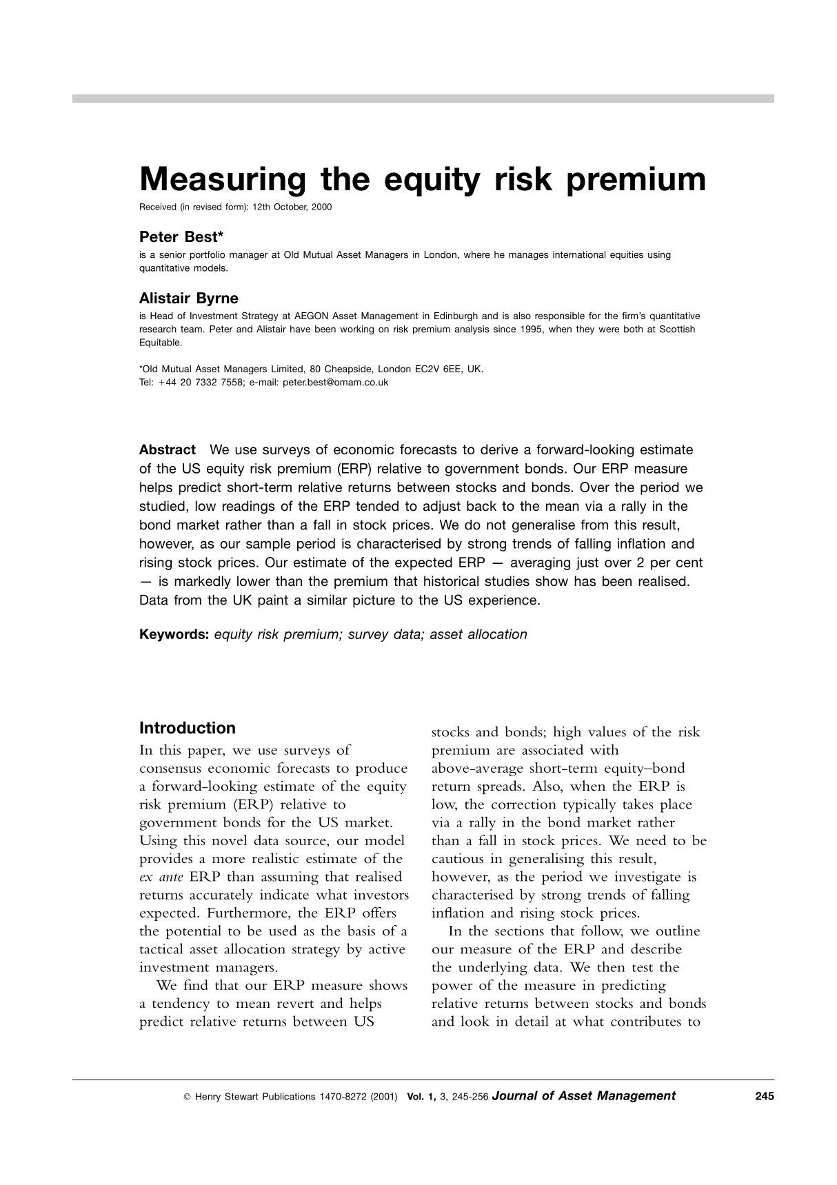 measuring the equity risk premium 衡量股权风险溢价