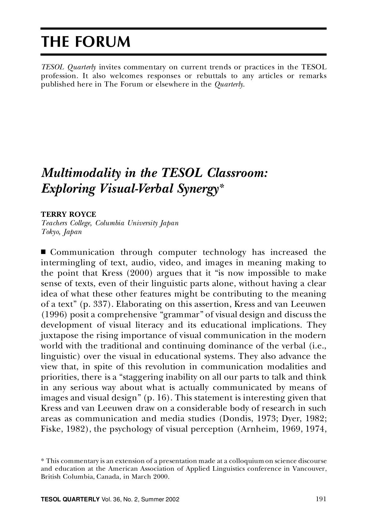 multimodality in the tesol classroom exploring visual-verbal