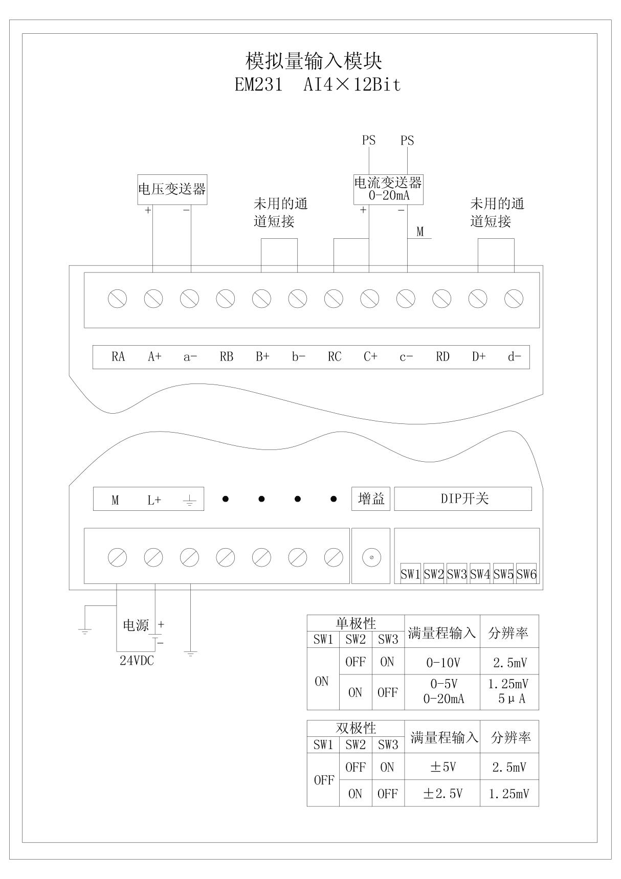 西门子模拟量输入模块EM231(4输入)接线图及DIP开关设置