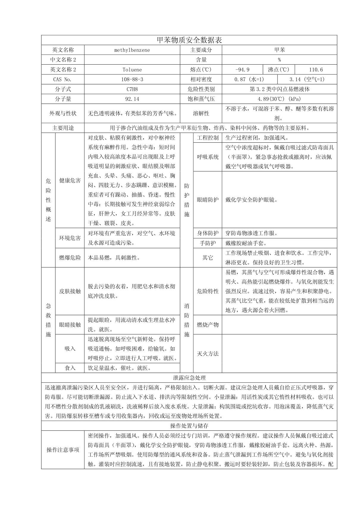 甲苯 MSDS