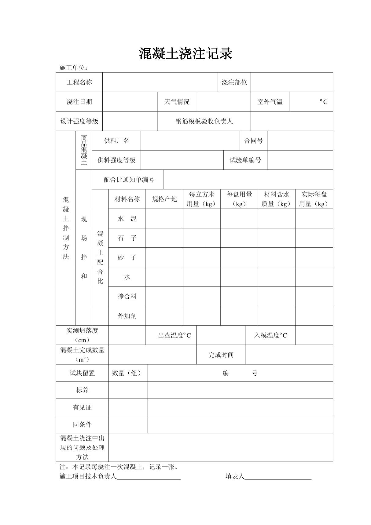 混凝土浇筑记录表