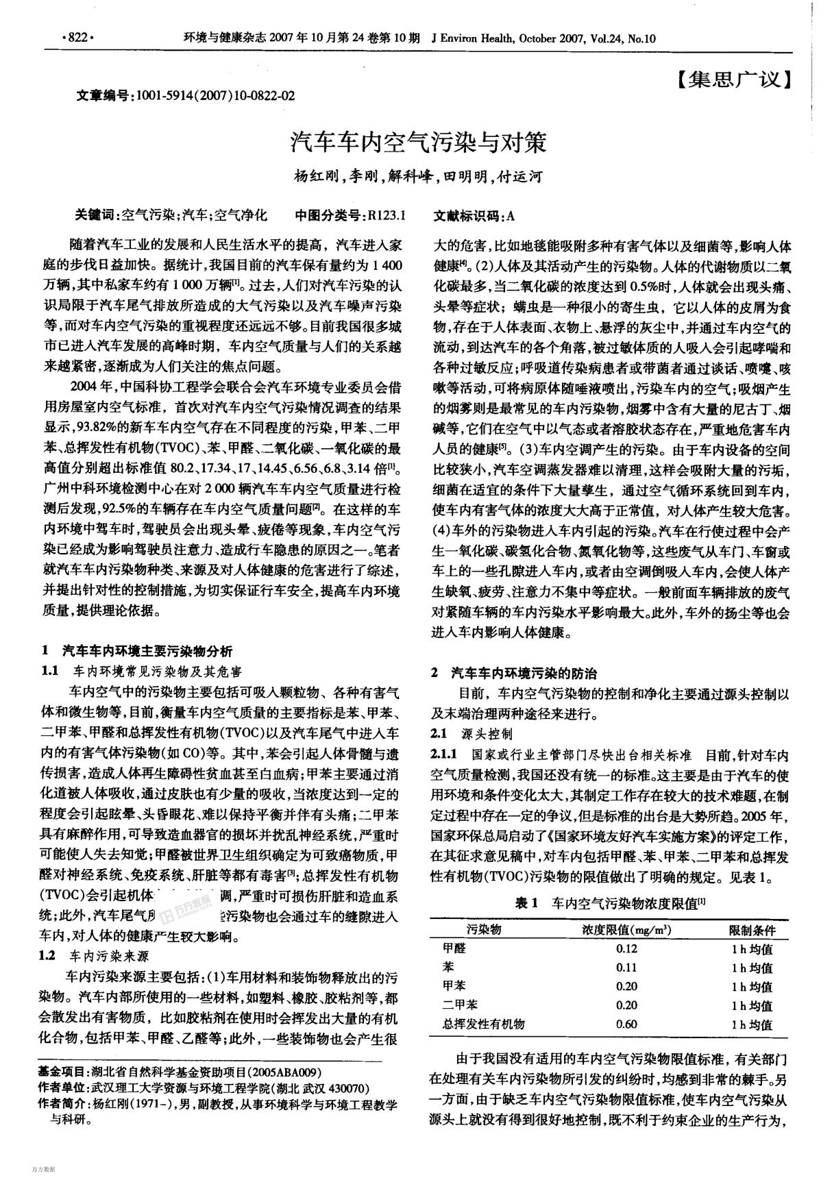 汽车车内空气污染与对策