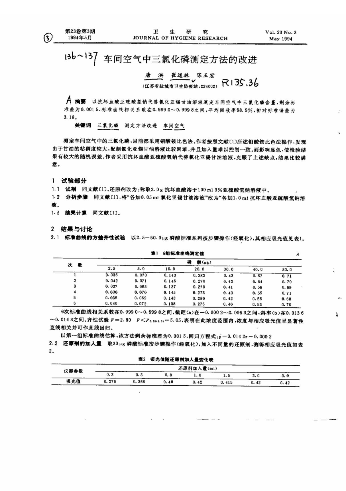 车间空气中三氯化磷测定方法的改进