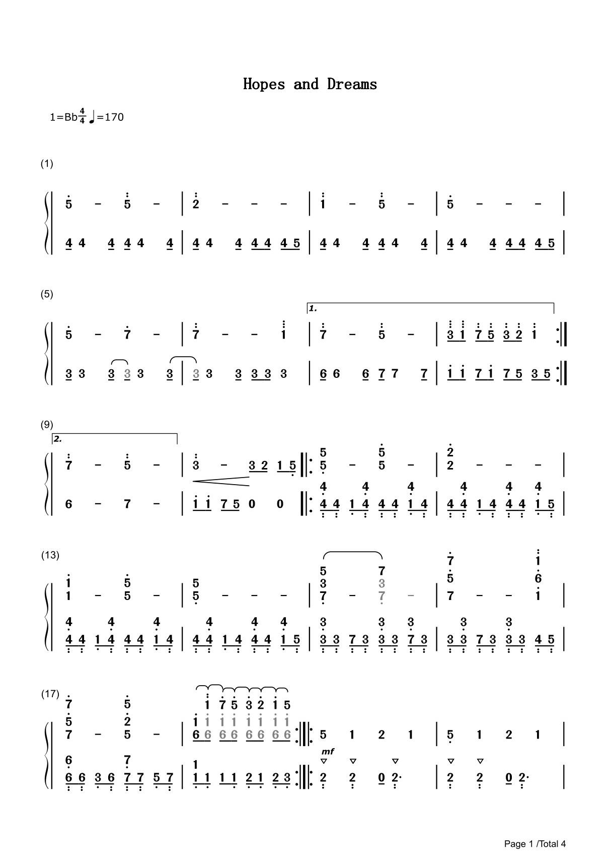 Hopes and Dreams简谱钢琴谱 简谱双手数字完整版原版