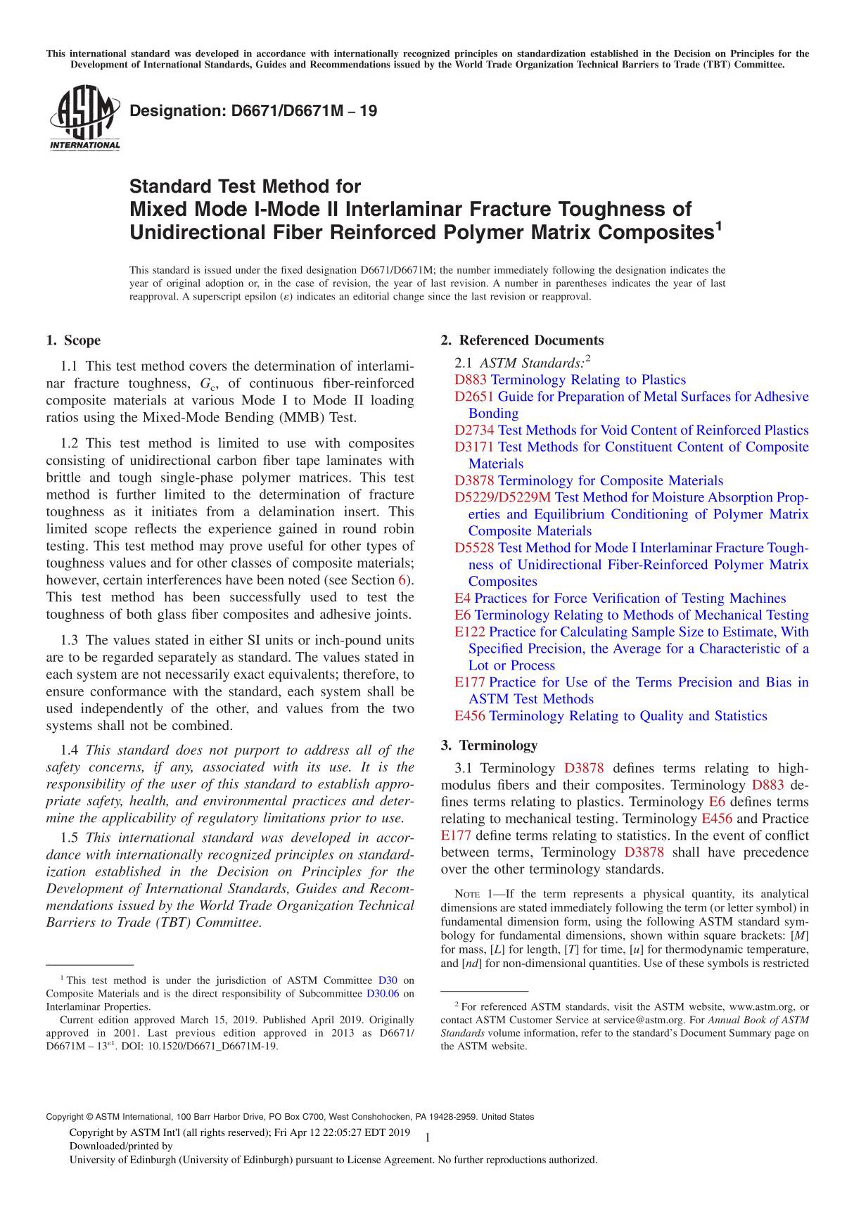 ASTM D6671D6671M-19 Standard Test Method for Mixed Mode I-Mode II Interlaminar Fracture Toughness of Unidirectional Fiber Reinfo