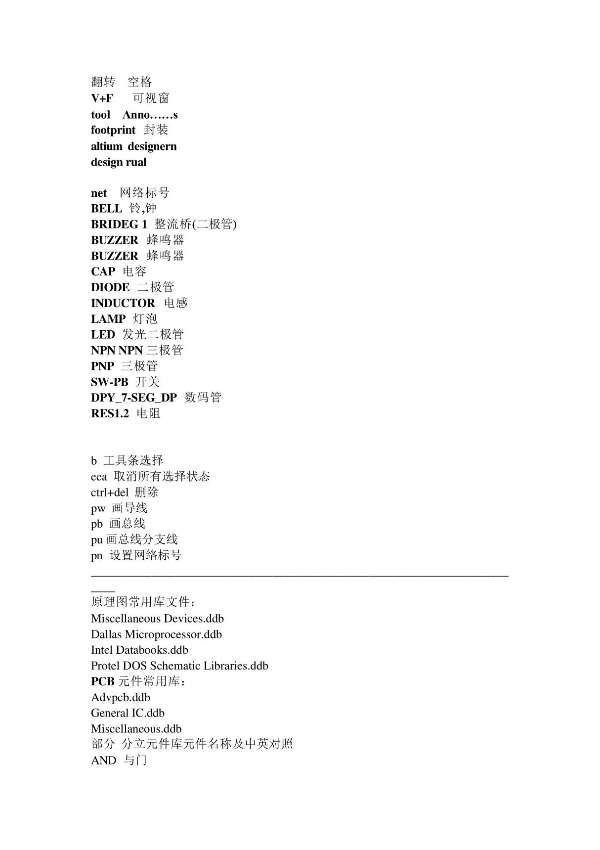 AD15元件中英文对照表