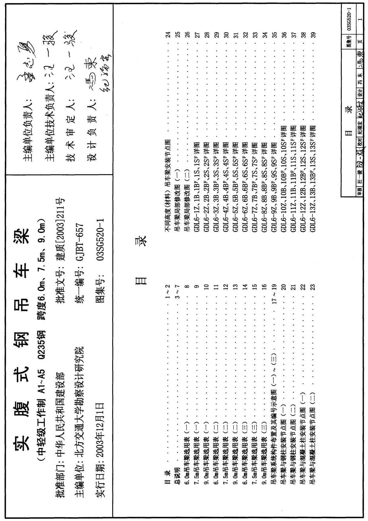 国家建筑标准设计参考图集03SG520-1实腹式钢吊车梁(中轻级工作制A1~A5 Q235钢 跨度6.0m 7.5m 9.0m)-全文下载