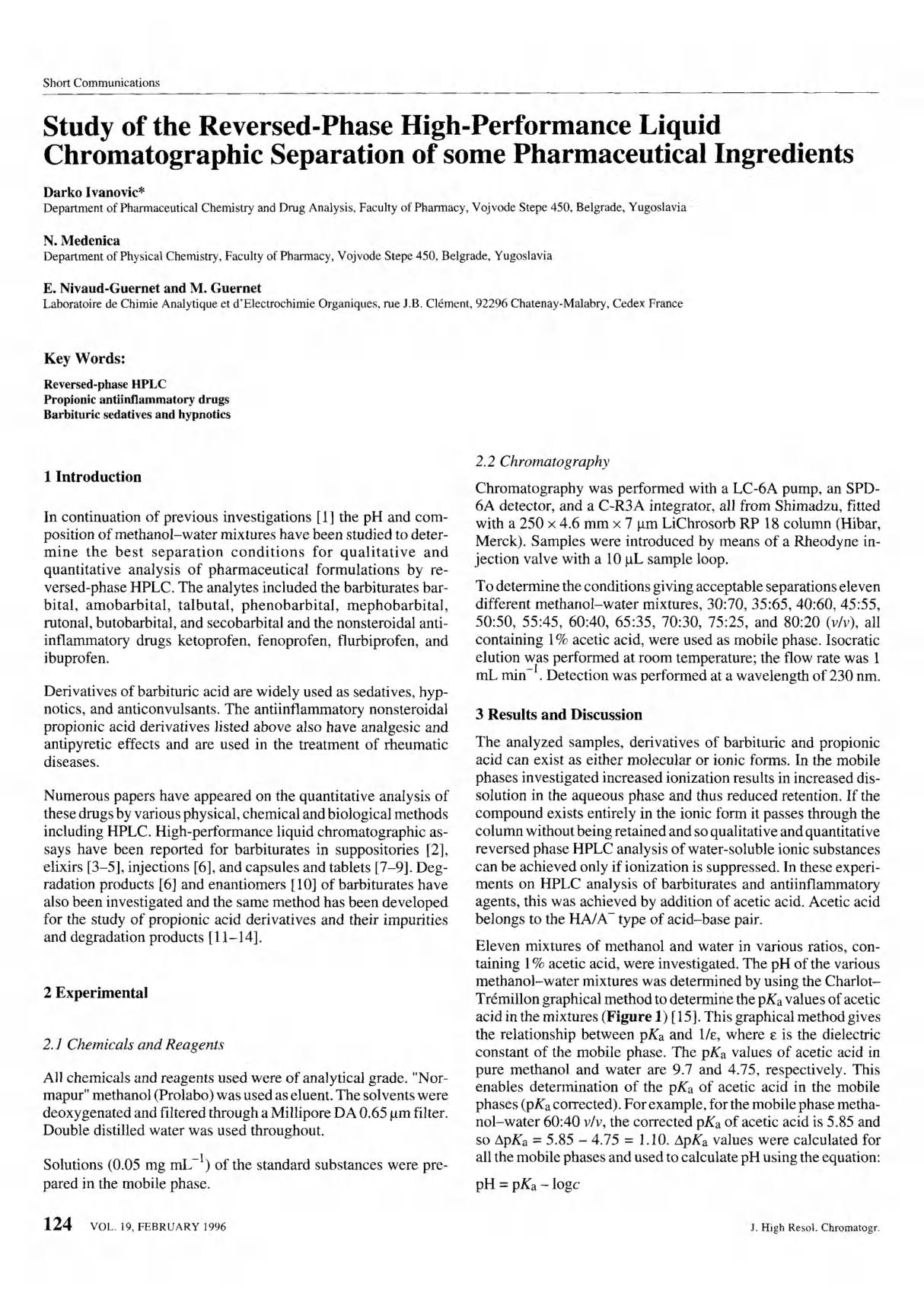 《分离科学杂志》SCI期刊论文Journal of Separation Science 1996 Volume 19 Page 124-126