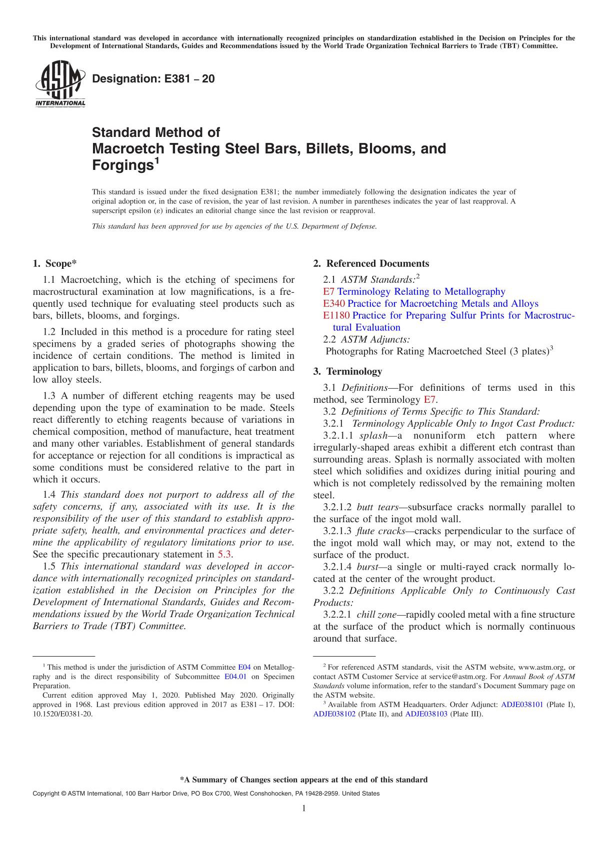 ASTM E381-2020 Standard Method of Macroetch Testing Steel Bars, Billets, Blooms, and Forgings