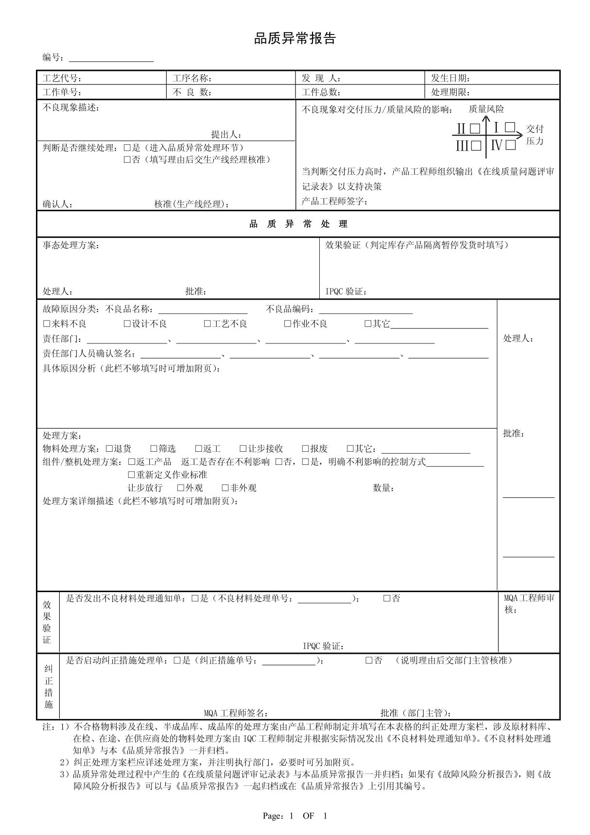 品质异常报告单