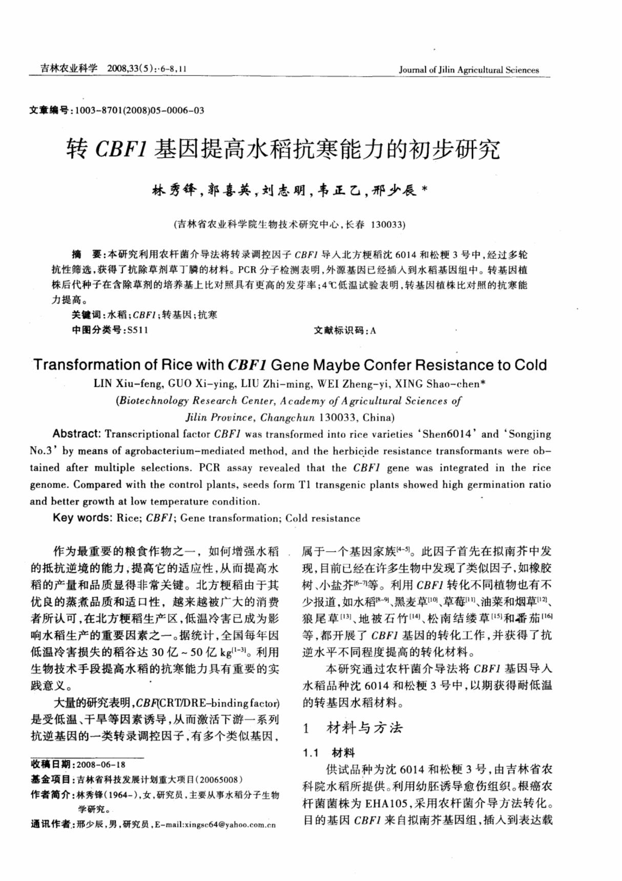 转CBF1基因提高水稻抗寒能力的初步研究