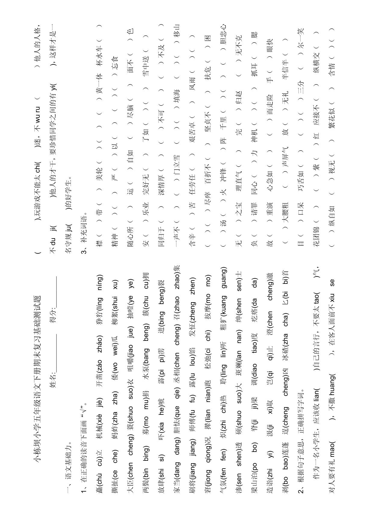 小栋坝小学五年级语文下册期末复习基础测试题