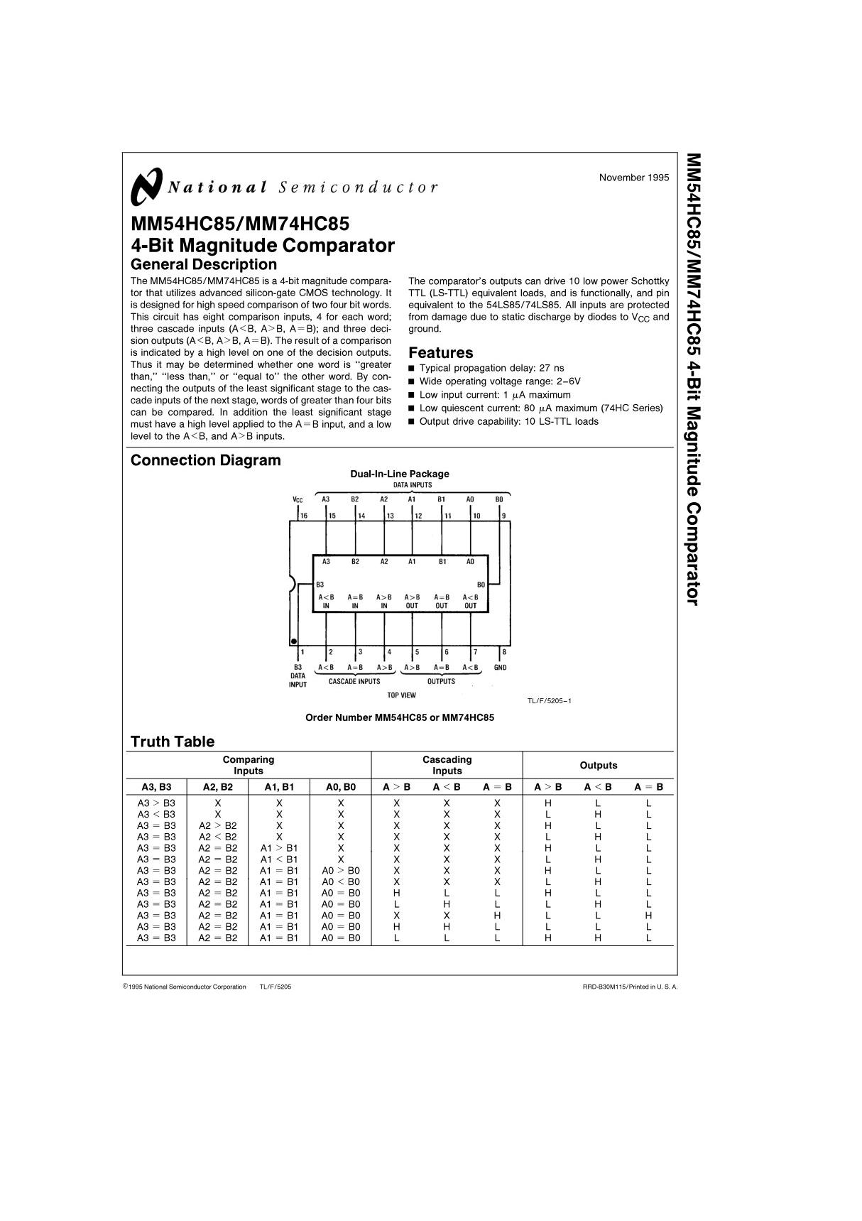 74HC85数字芯片 pdf资料