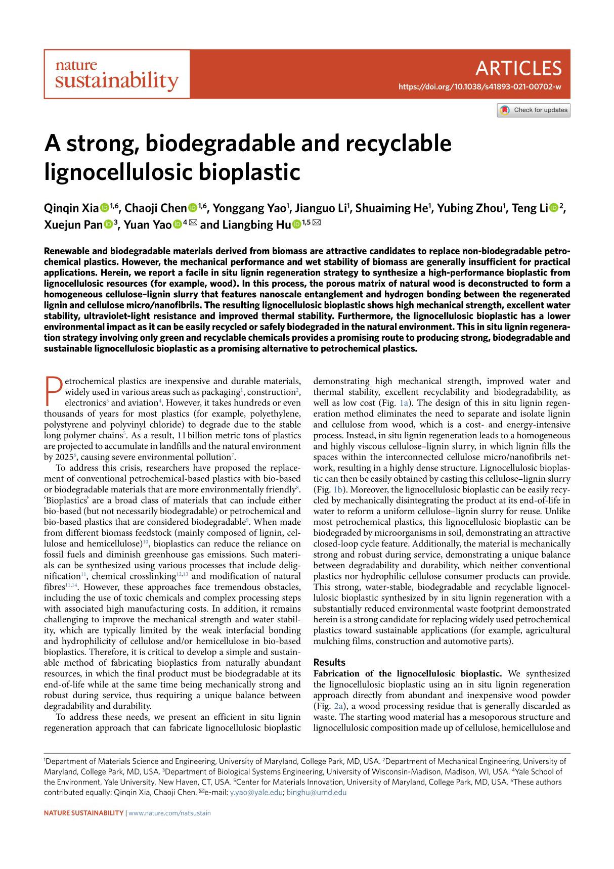 A strong, biodegradable and recyclable lignocellulosic bioplastic