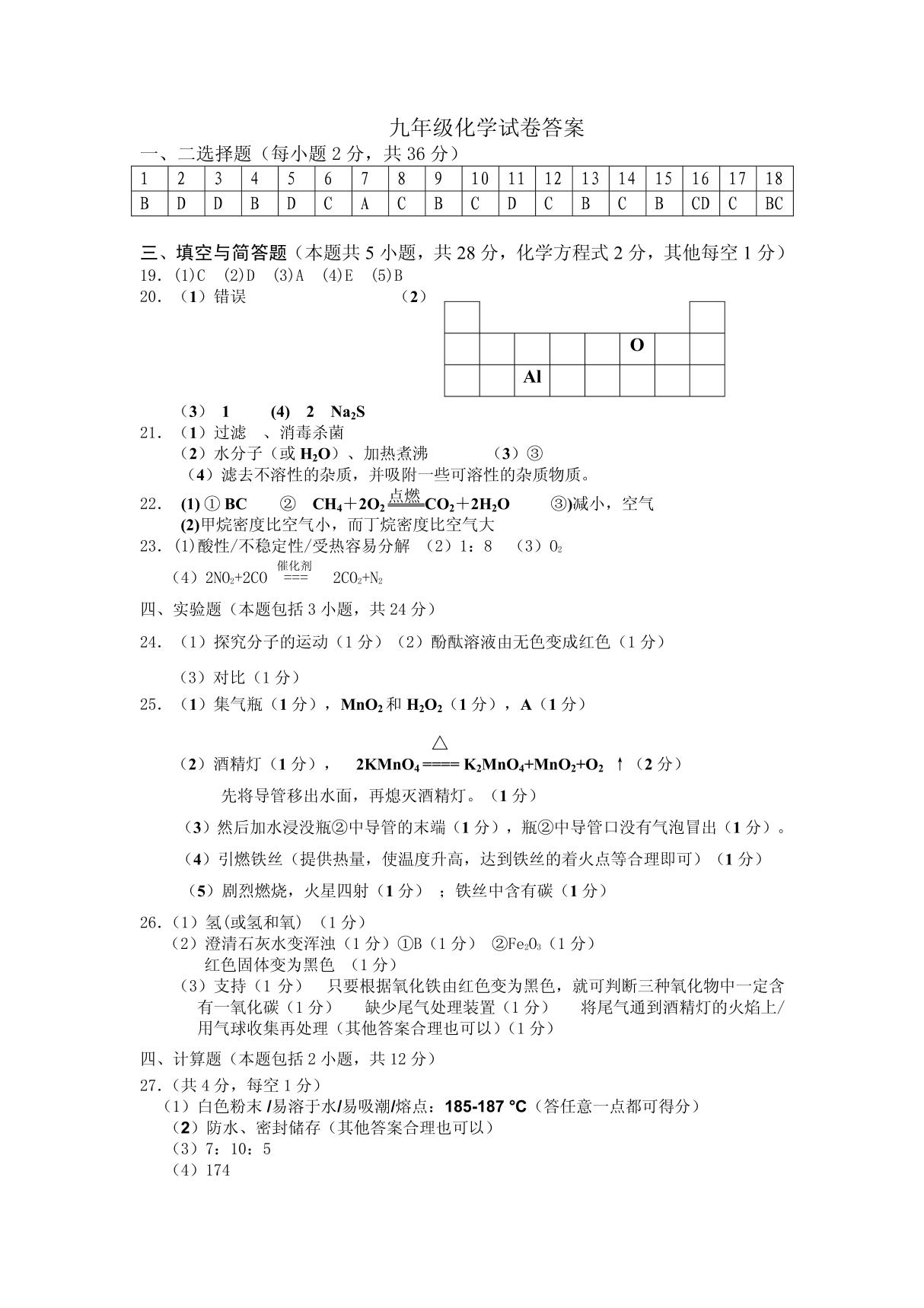 九年级化学试卷答案