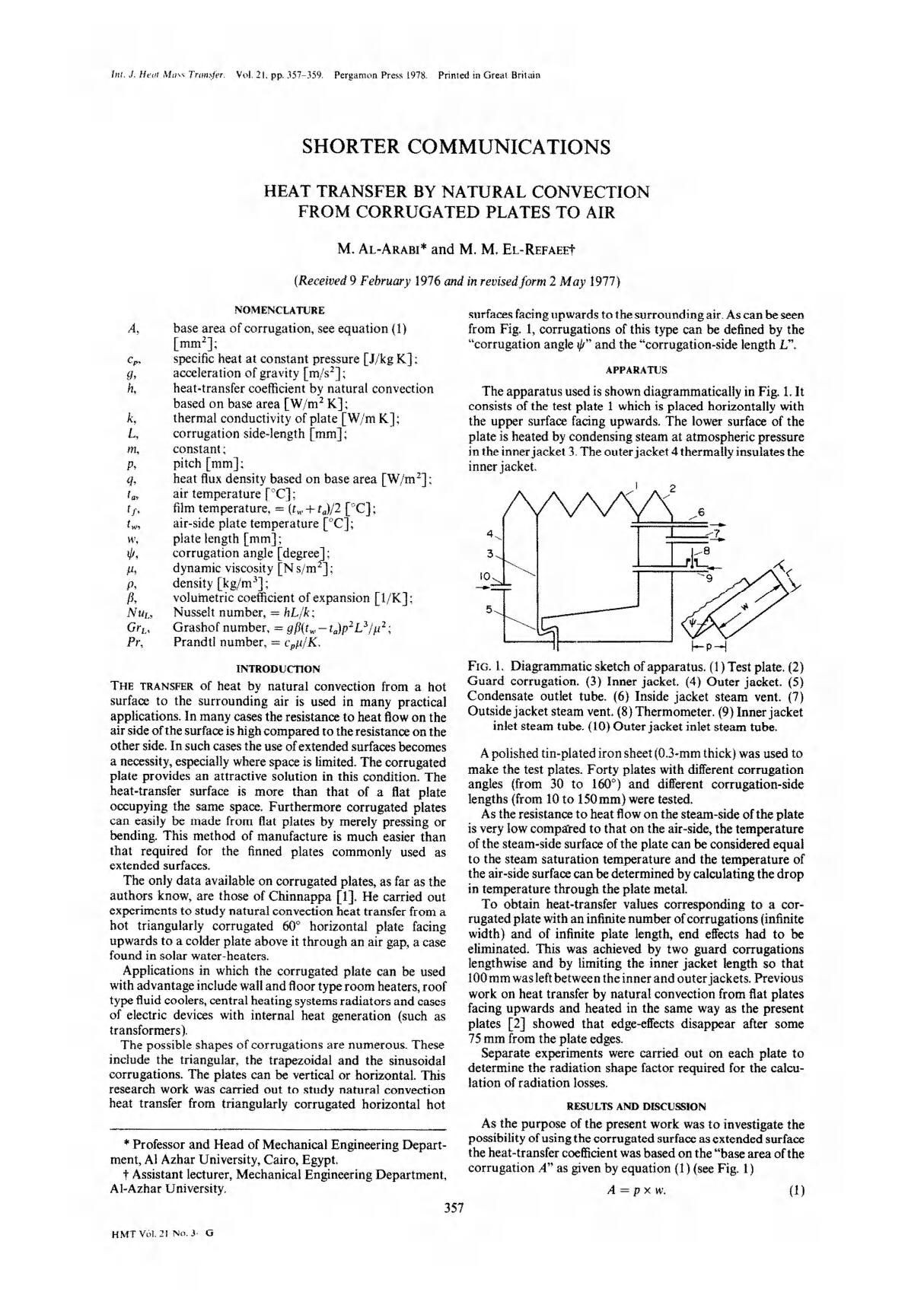 《国际传热传质杂志》期刊论文International Journal of Heat and Mass Transfer 1978 Volume 21 - 3 Article 12