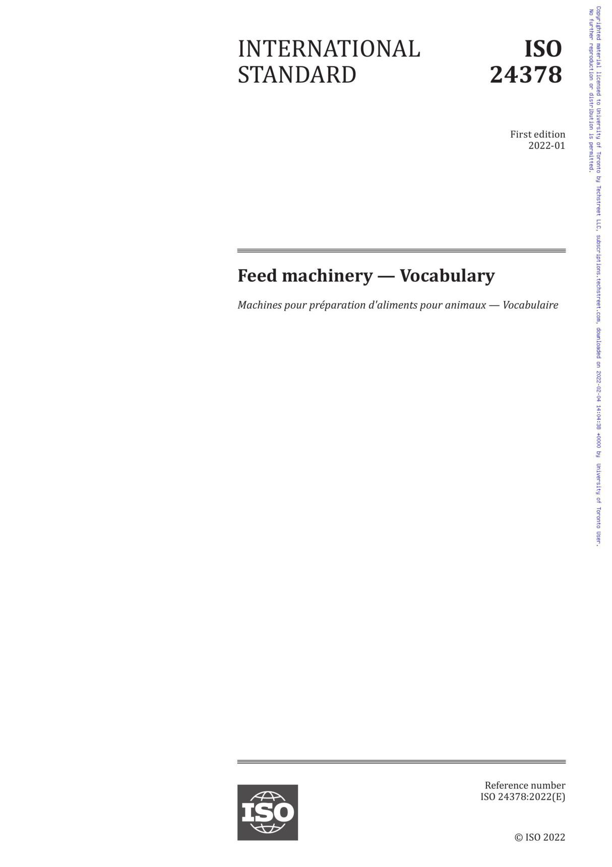 ISO 24378-2022 Feed machinery - Vocabulary