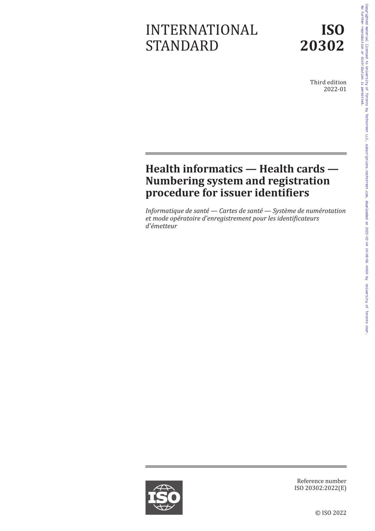 ISO 20302-2022 Health informatics - Health cards - Numbering system and registration procedure for issuer identifiers