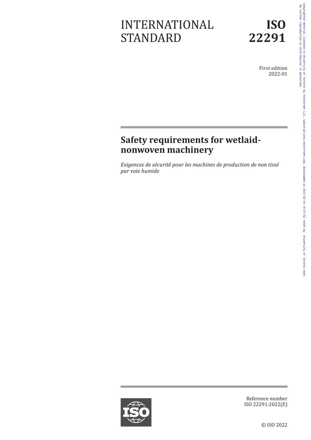 ISO 22291-2022 Safety requirements for wetlaid-nonwoven machinery