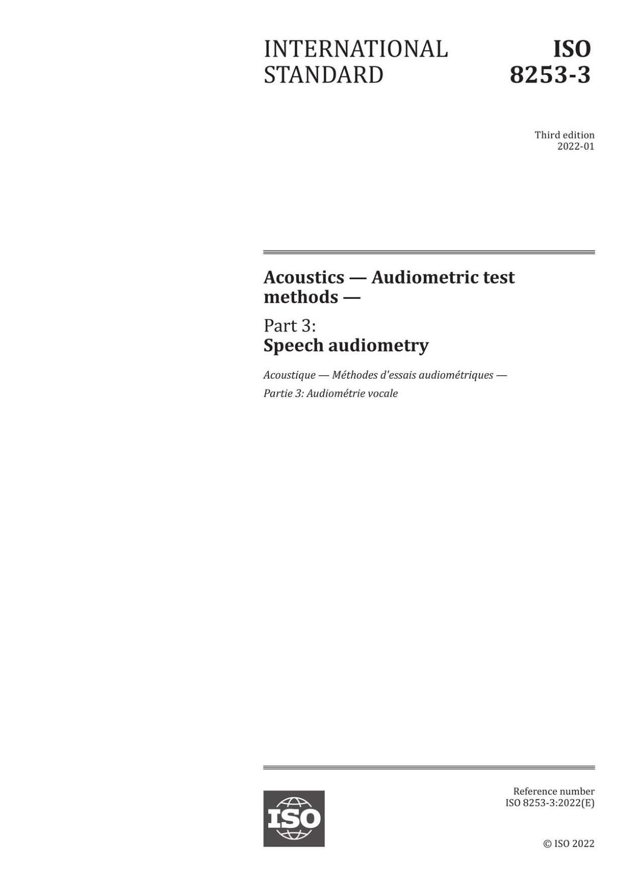 ISO 8253-3-2022 Acoustics - Audiometric test methods - Part 3  Speech audiometry