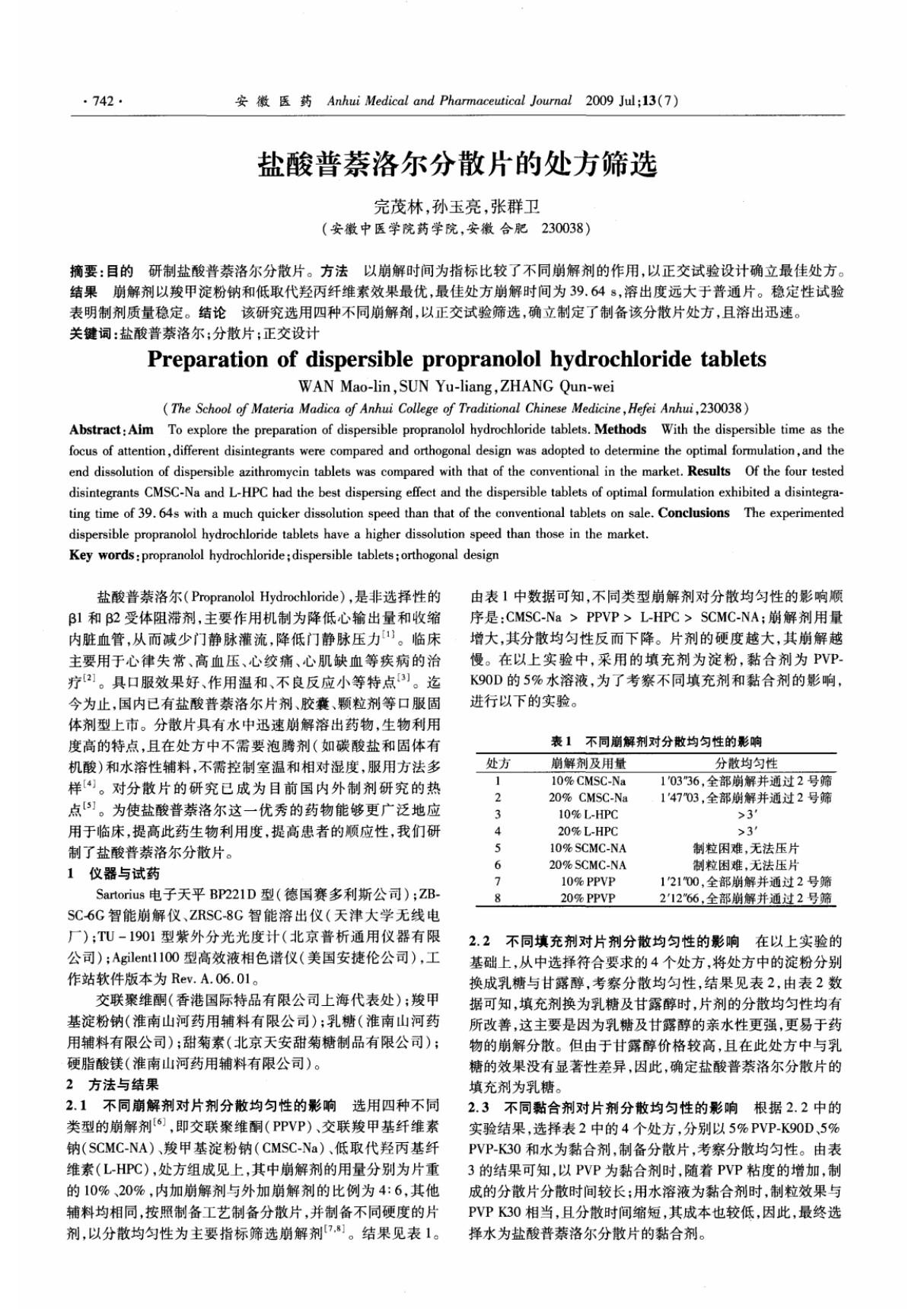 盐酸普萘洛尔分散片的处方筛选