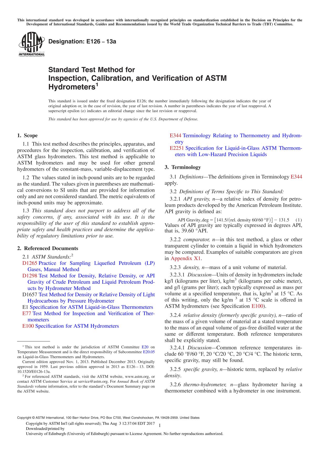 ASTM E126 13a Standard Test Method for Inspection, Calibration, and Verification of ASTM Hydrometer