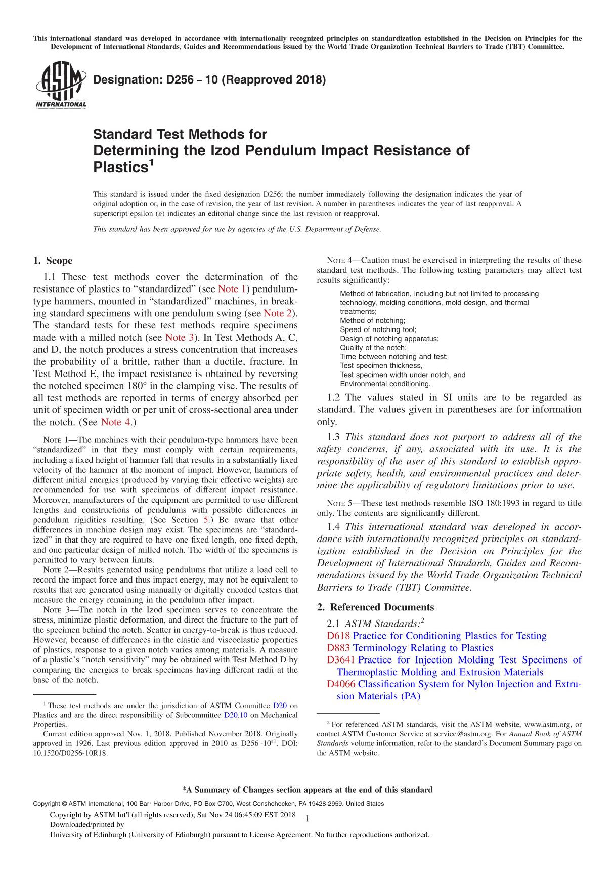 ASTM D256-10(2018) Standard Test Methods for Determining the Izod Pendulum Impact Resistance of Plastics