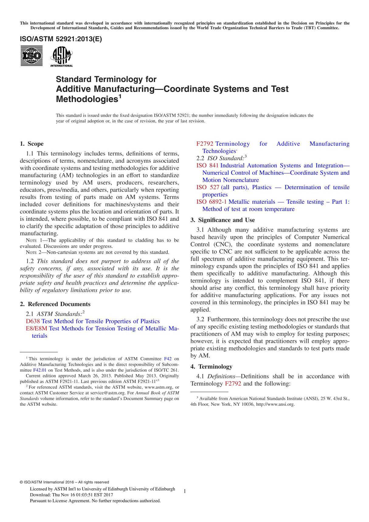 ASTM ISO ASTM 52921-13 Standard Terminology for Additive ManufacturingCoordinate Systems and Test Methodologie