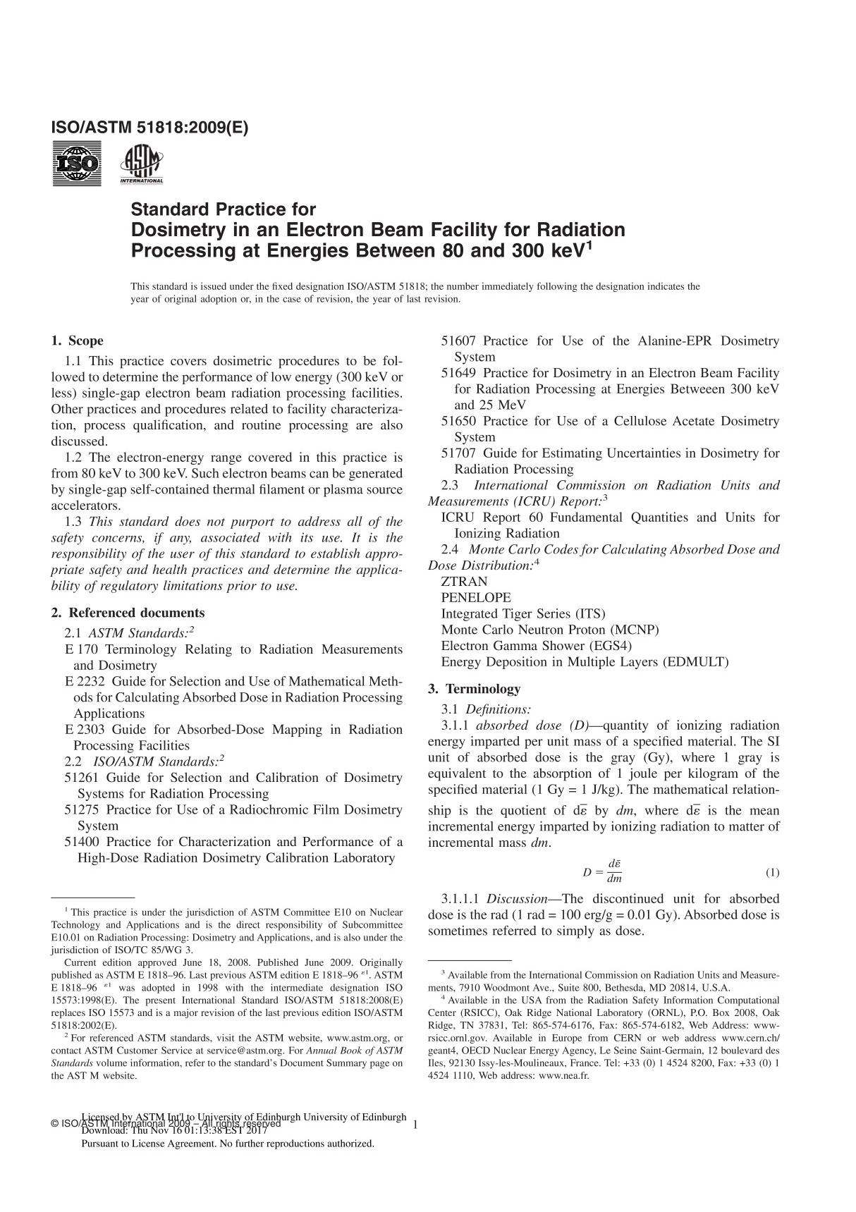 ISO ASTM51818 - 09 Standard Practice for Dosimetry in an Electron Beam Facility for Radiation Processing at Energies Between 80