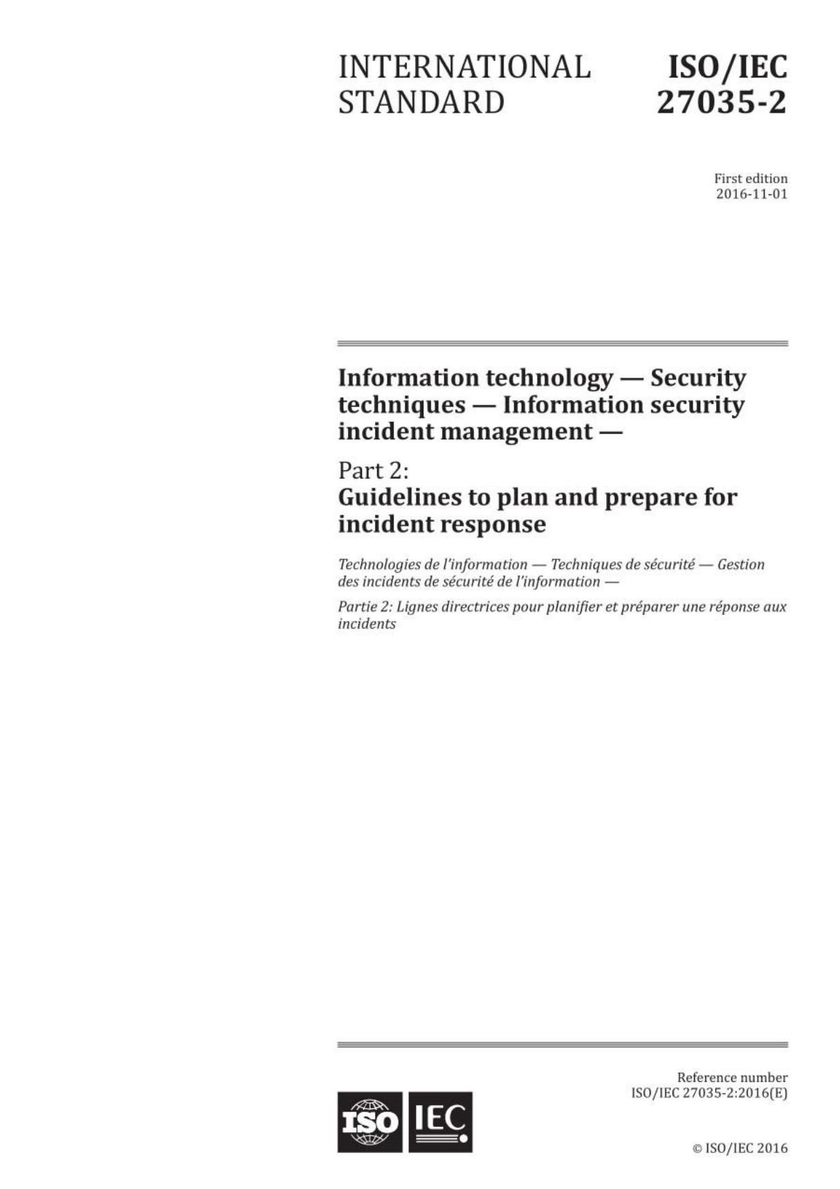 ISO IEC 27035-1 2016 信息技术 - 安全技术 - 信息安全事件管理 - 第一部分 事件管理的原则