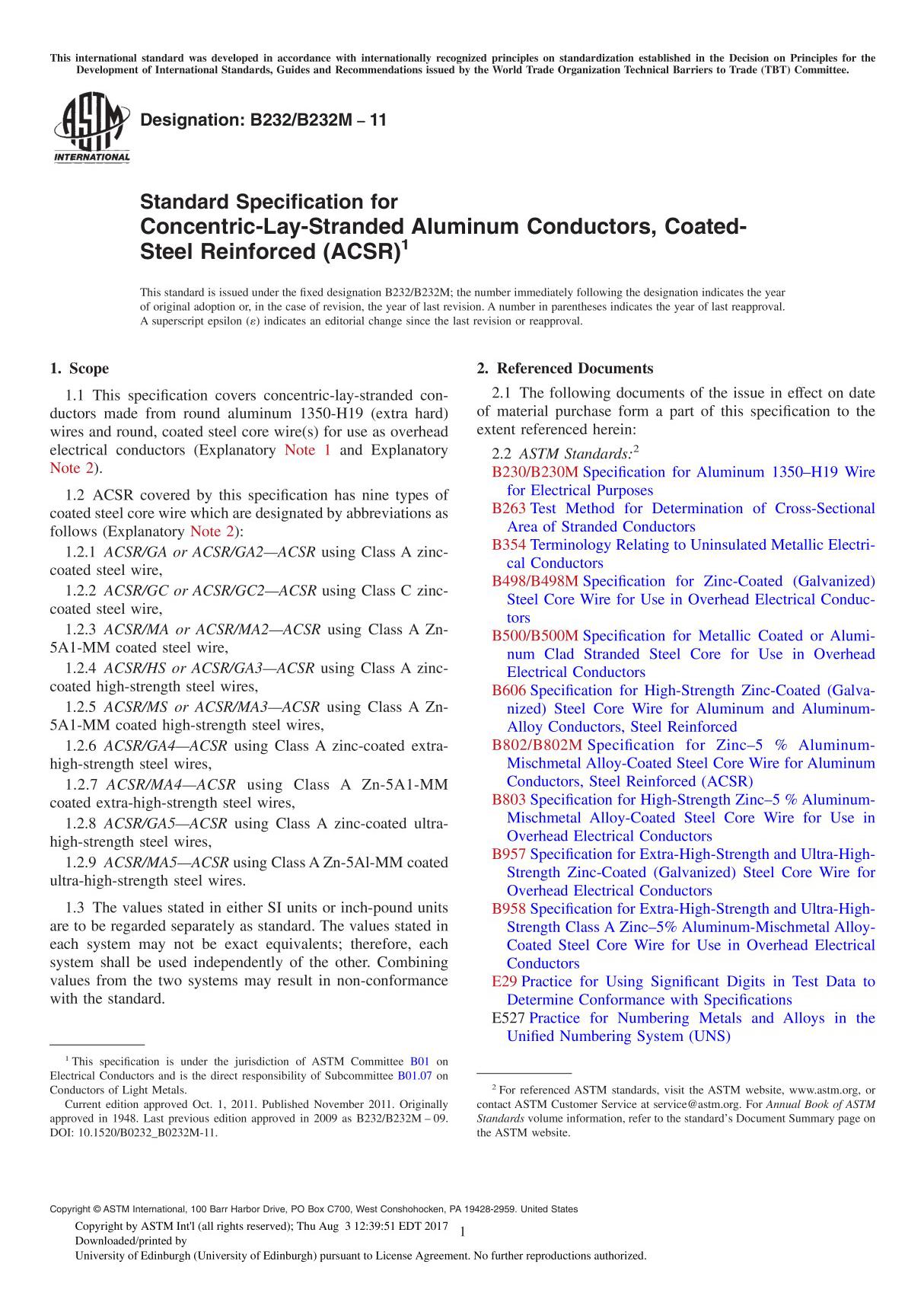 ASTM B232 B232M 11 Standard Specification for Concentric-Lay-Stranded Aluminum Conductors, Coated- Steel Reinforced (ACSR)1