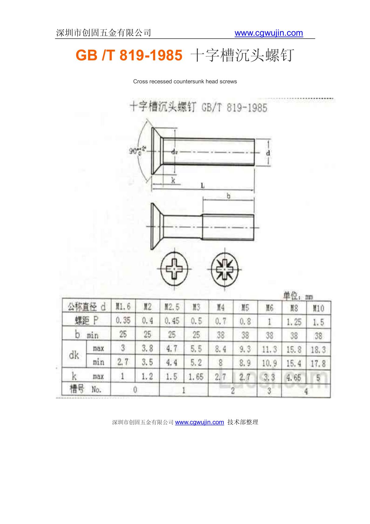 GB T 819-1985 十字槽沉头螺钉