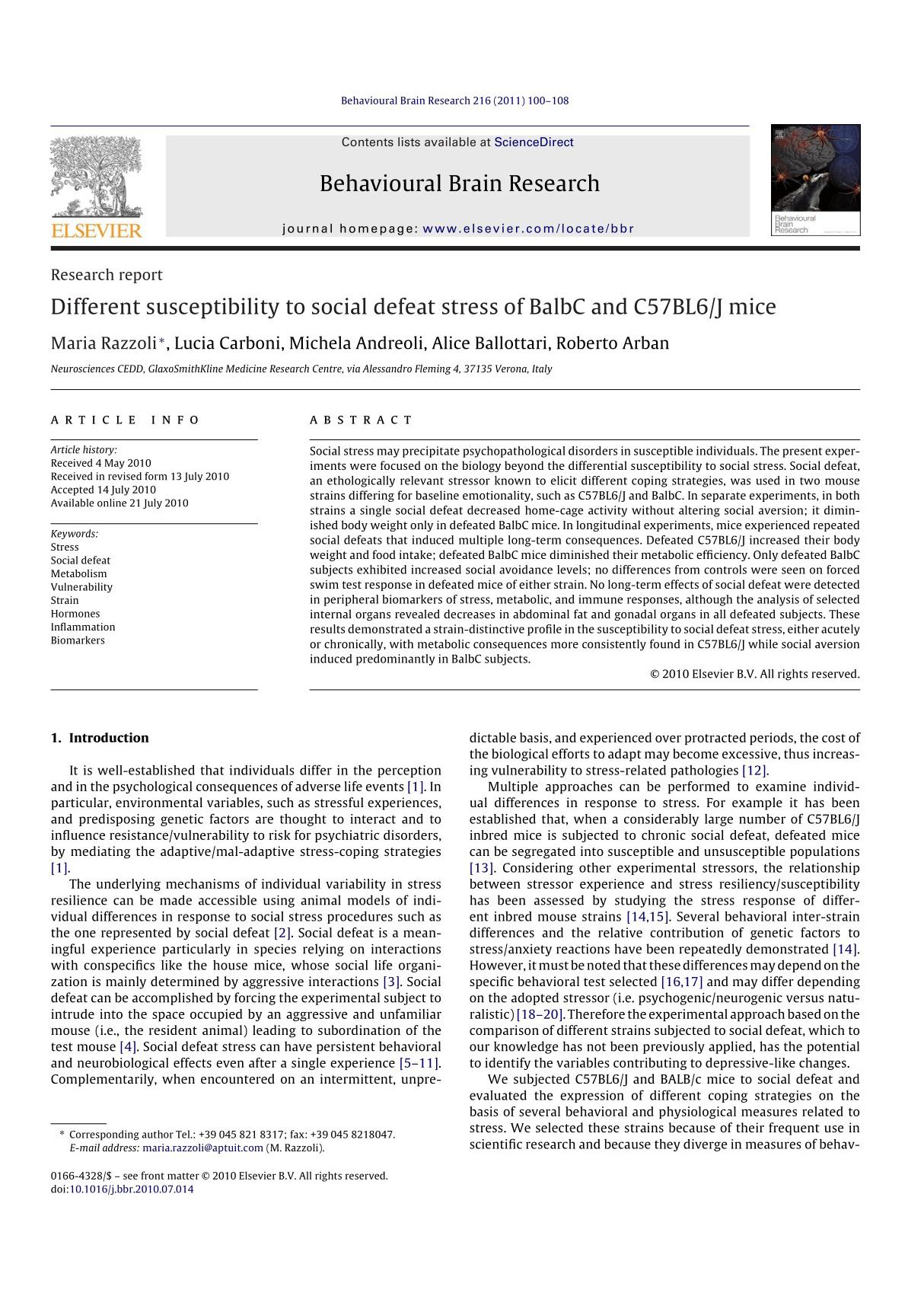 behavioural brain research 脑与行为研究