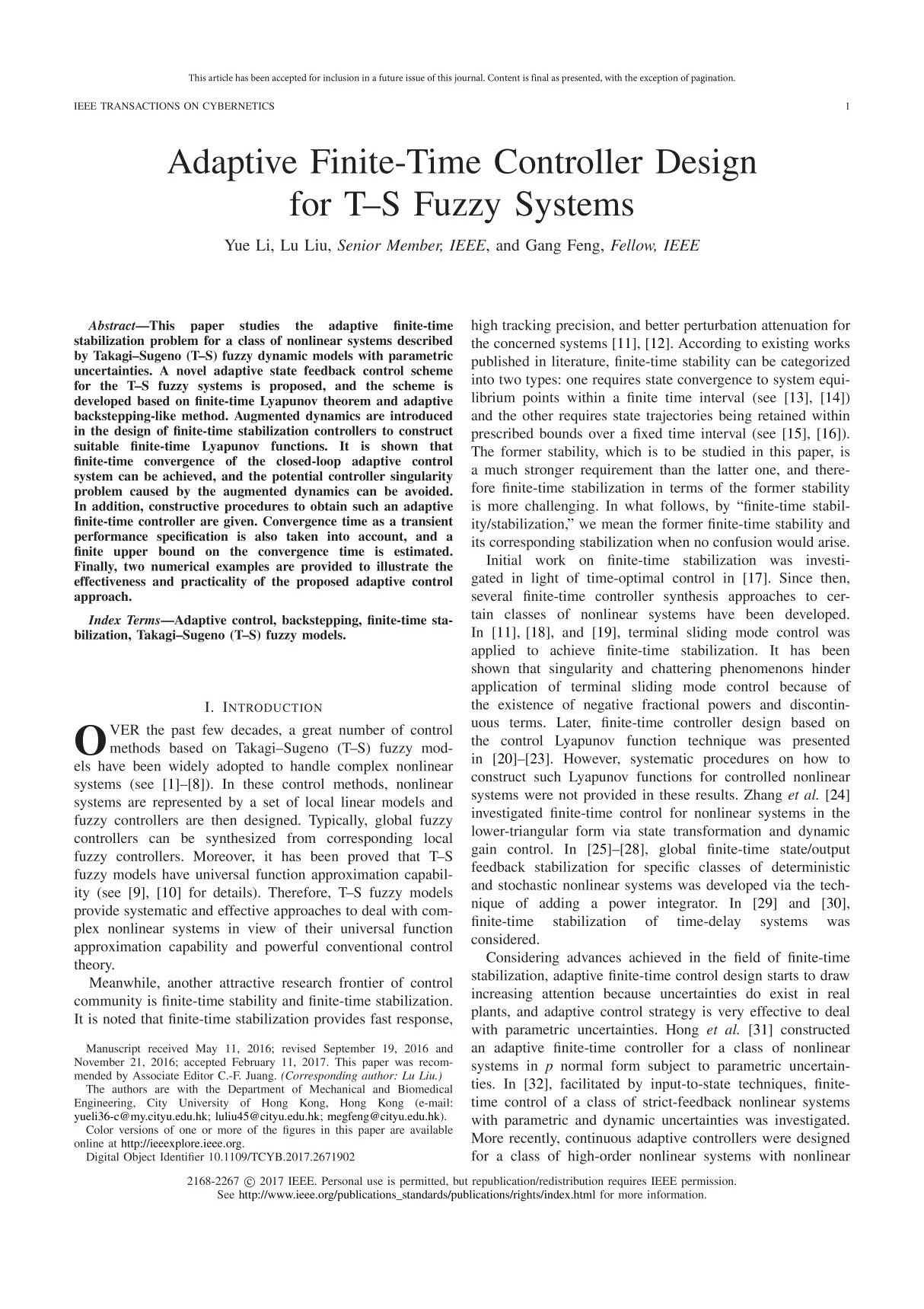 Adaptive Finite-Time Controller Design for T-S Fuzzy Systems.(2017)(IEEE Trans Cybern)(10.1109 tcyb.2017.2671902)