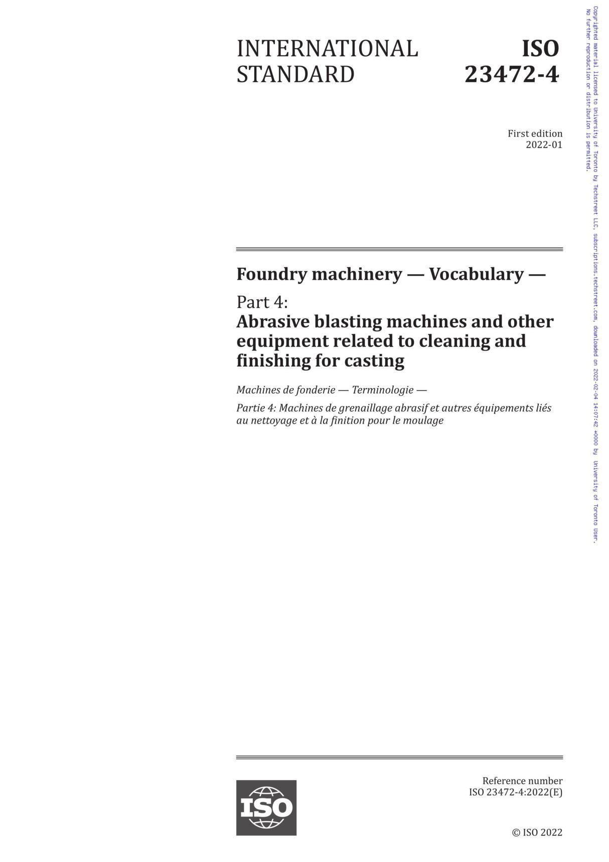 ISO 23472-4-2022 Foundry machinery - Vocabulary - Part 4  Abrasive blasting machines and other equipment related to cleaning and