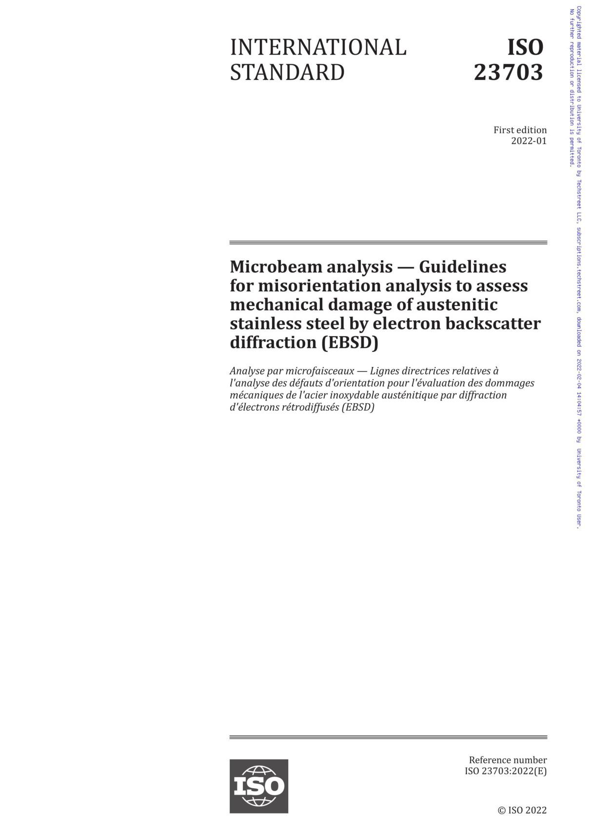 ISO 23703-2022 Microbeam analysis - Guidelines for misorientation analysis to assess mechanical damage of austenitic stainless s