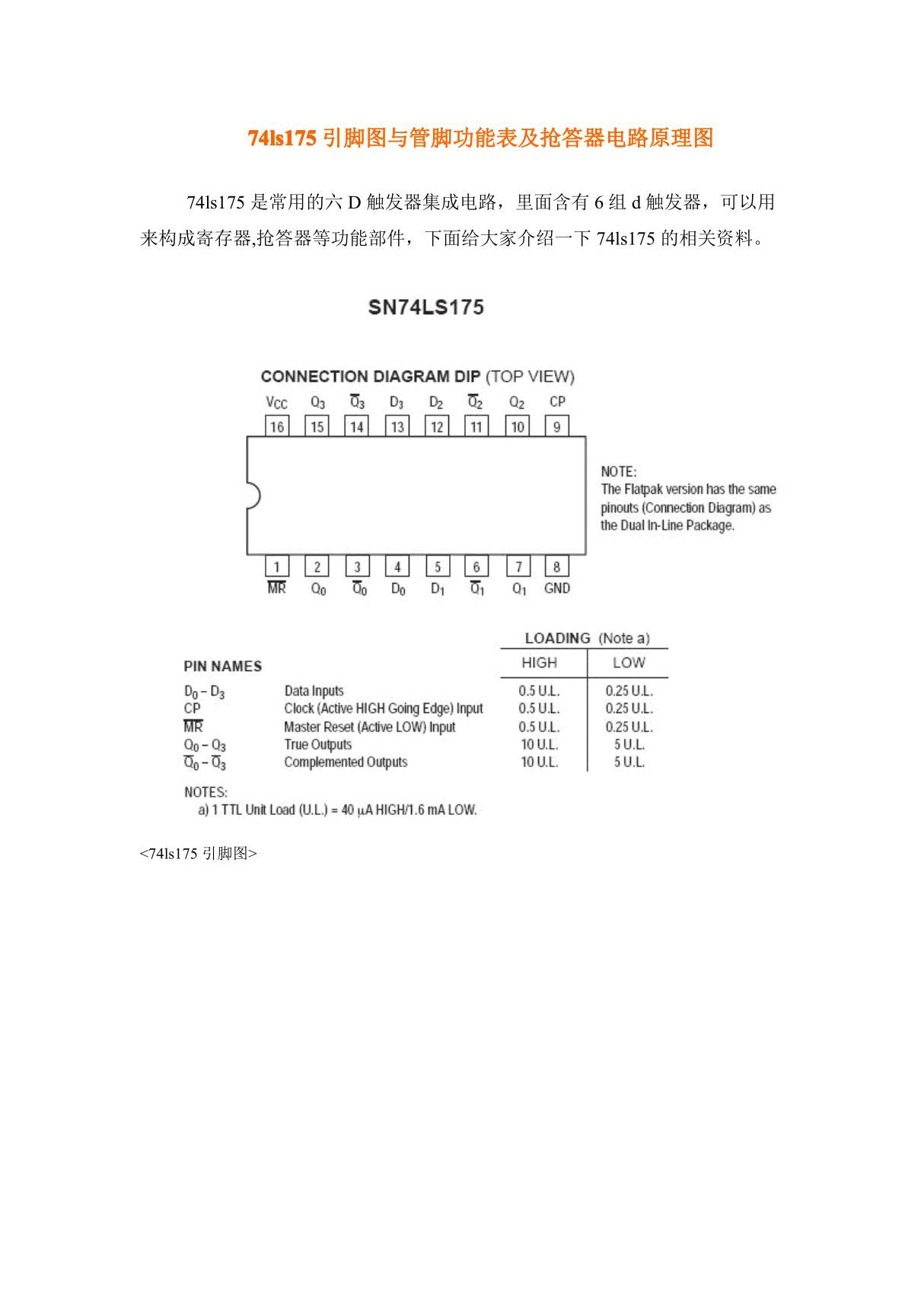 74ls175引脚图与管脚功能表及抢答器电路原理图