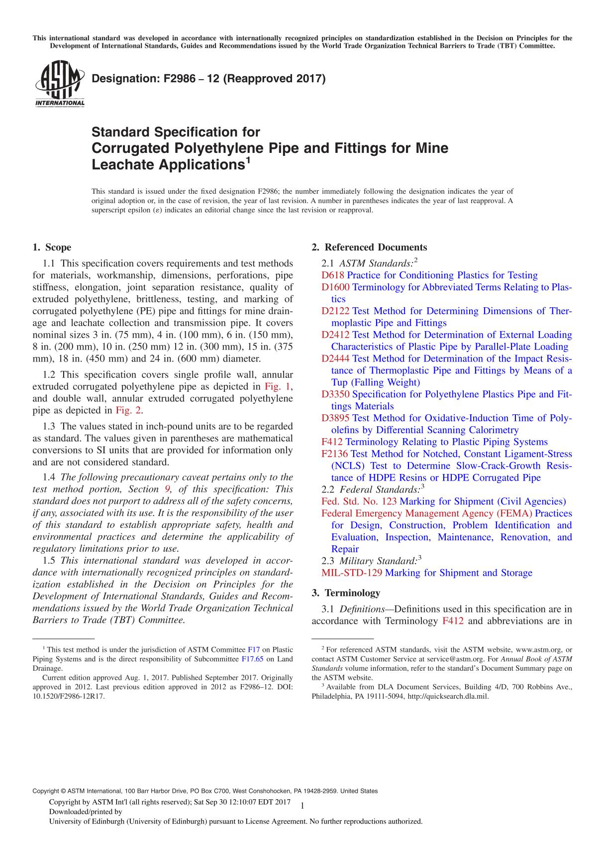 ASTM F2986-12(2017) Standard Specification for Corrugated Polyethylene Pipe and Fittings for Mine Leachate Application