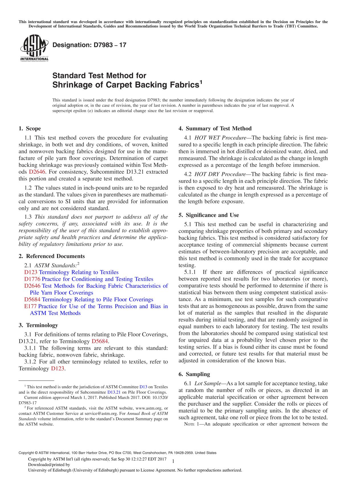 ASTM D7983-17 Standard Test Method for Shrinkage of Carpet Backing Fabric