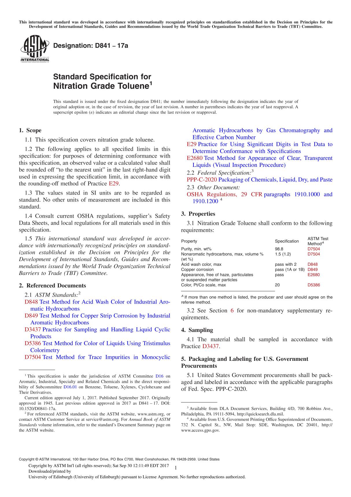 ASTM D841-17a Standard Specification for Nitration Grade Toluene