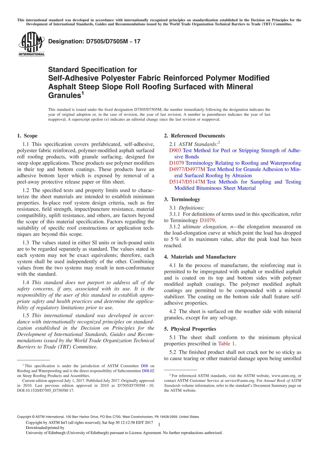 ASTM D7505 D7505M-17 Standard Specification for Self-Adhesive Polyester Fabric Reinforced Polymer Modified Asphalt Steep Slope R