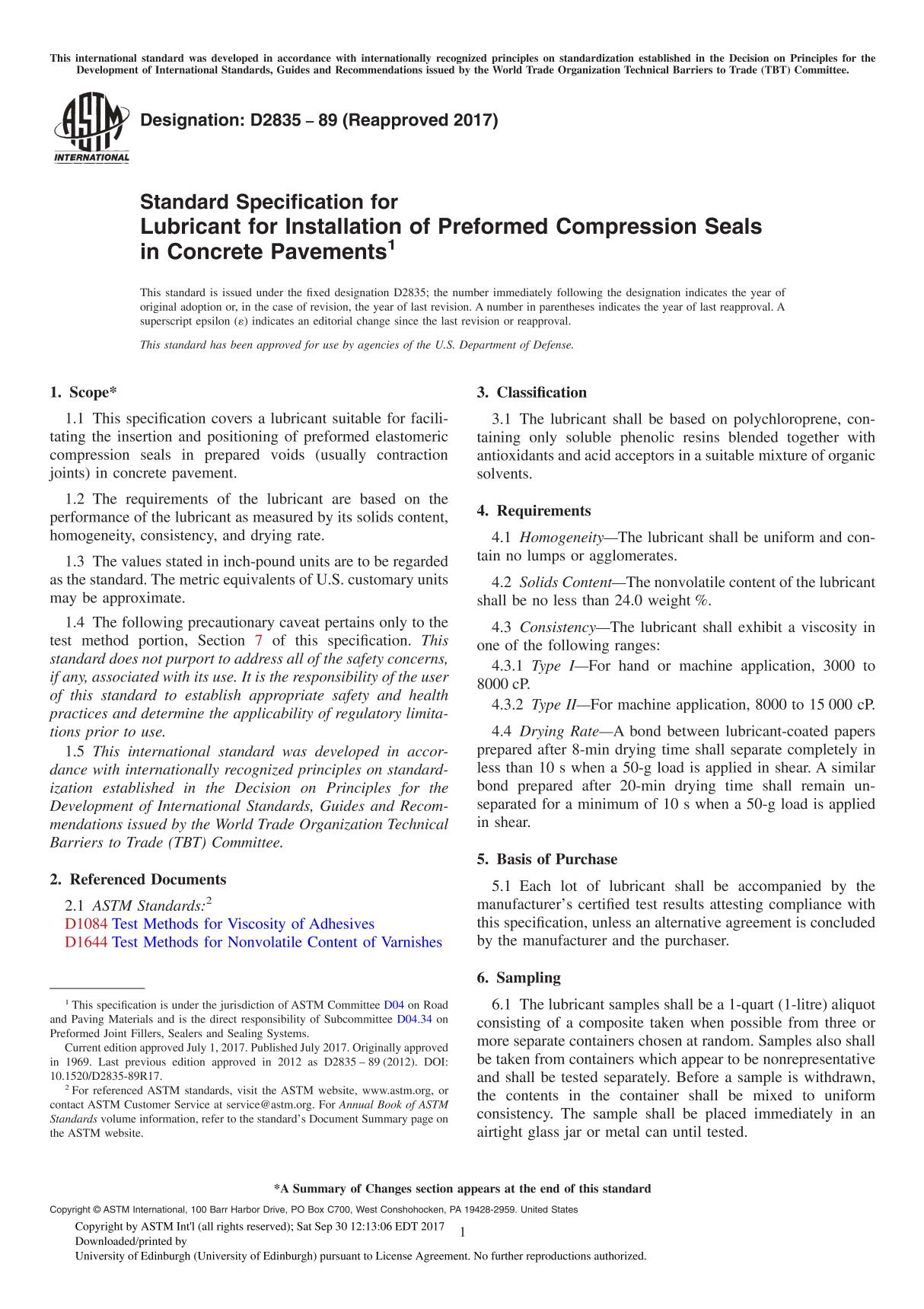 ASTM D2835-89(2017) Standard Specification for Lubricant for Installation of Preformed Compression Seals in Concrete Pavement