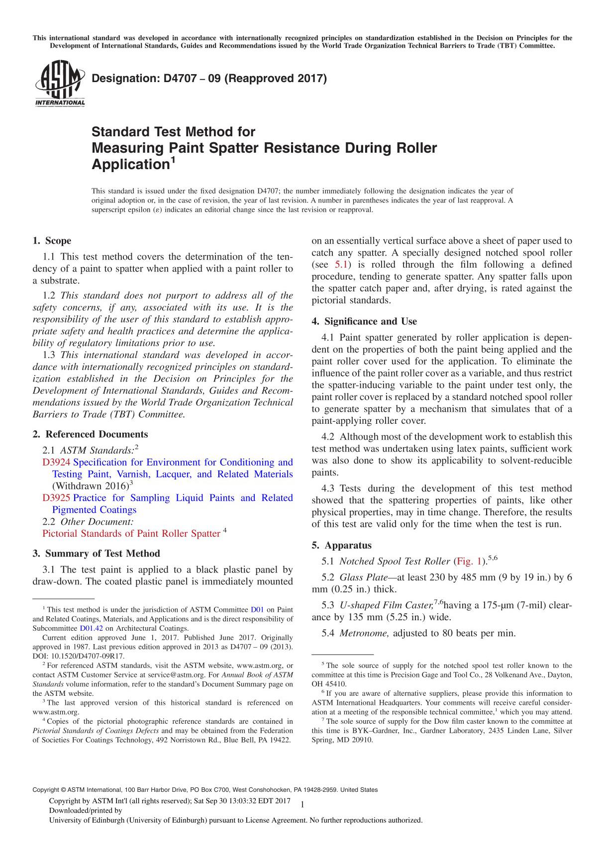 ASTM D4707-09(2017) Standard Test Method for Measuring Paint Spatter Resistance During Roller Application