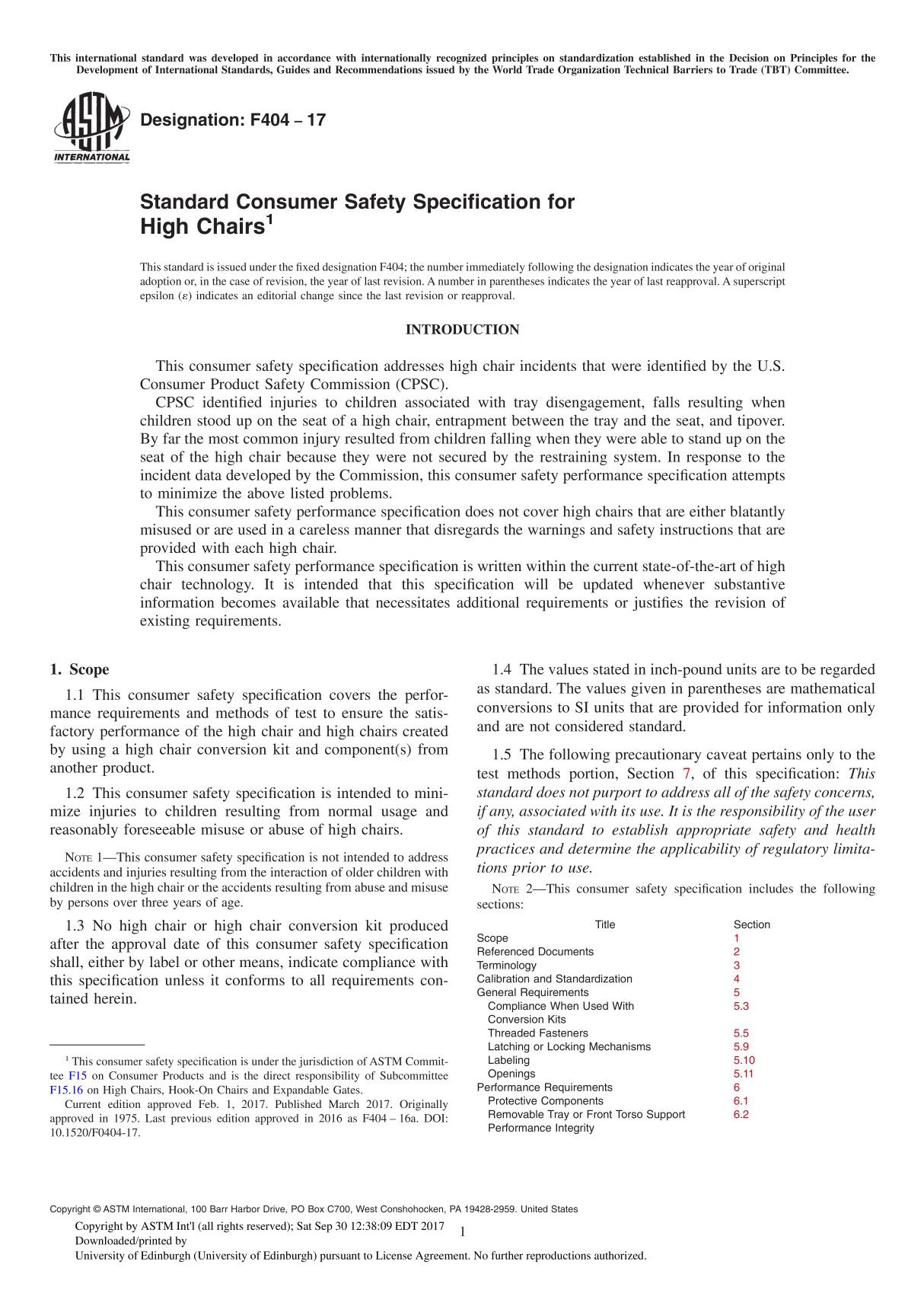 ASTM F404-17 Standard Consumer Safety Specification for High Chair