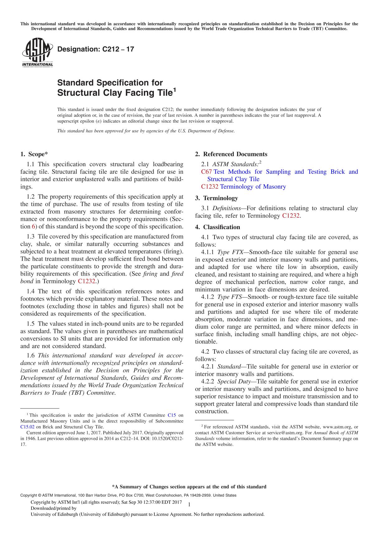 ASTM C212-17 Standard Specification for Structural Clay Facing Tile