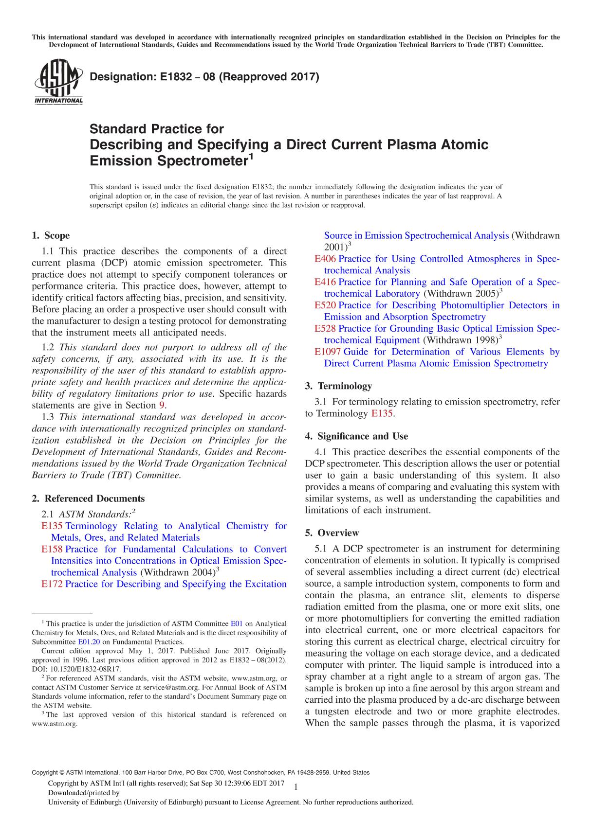 ASTM E1832-08(2017) Standard Practice for Describing and Specifying a Direct Current Plasma Atomic Emission Spectrometer