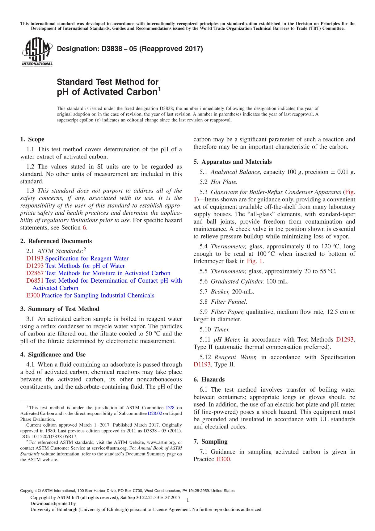 ASTM D3838-05(2017) Standard Test Method for pH of Activated Carbon