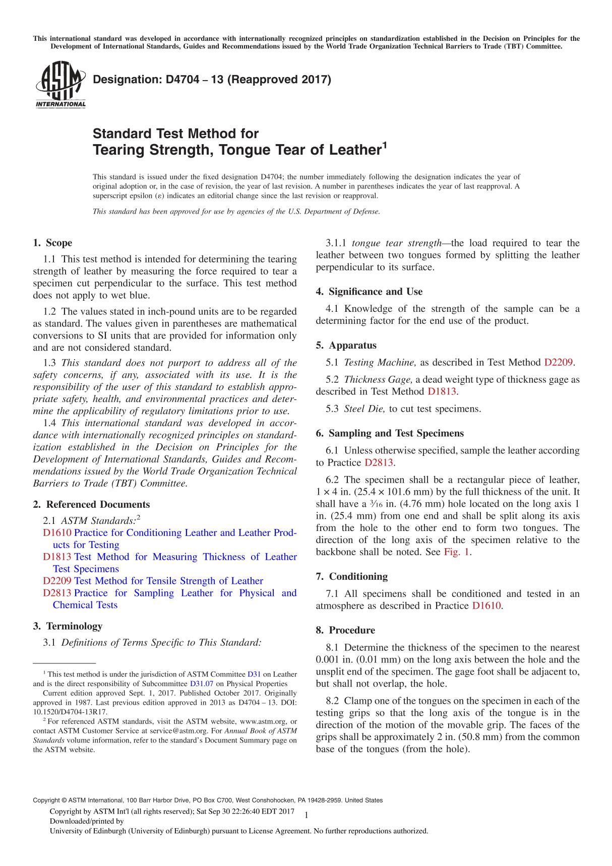 ASTM D4704-13(2017) Standard Test Method for Tearing Strength, Tongue Tear of Leather