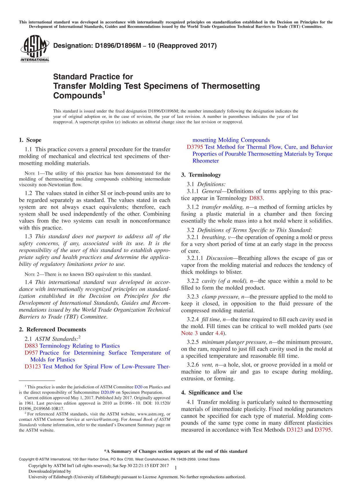 ASTM D1896 D1896M-10(2017) Standard Practice for Transfer Molding Test Specimens of Thermosetting Compound